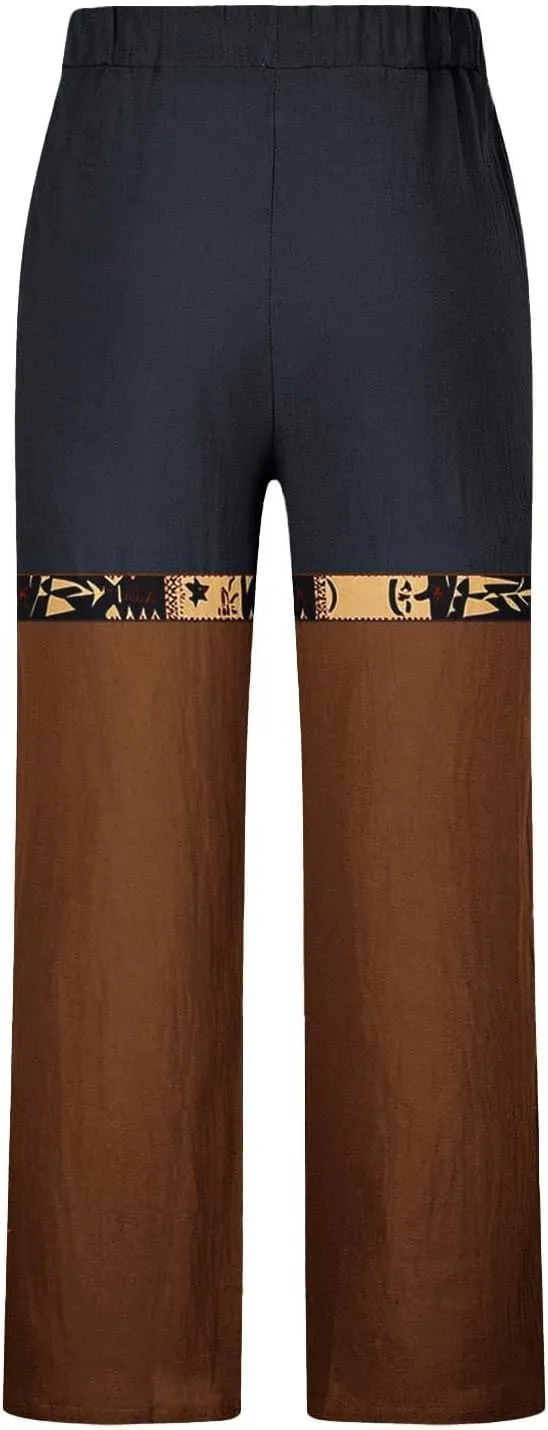 Muscularfit Linen Pant for Men Summer Casual Drawstring Elastic Waist Baggy Trouser with Pockets Ethnic Print Beach Sweatpant