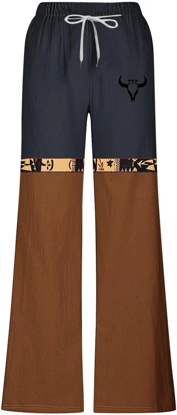 Muscularfit Linen Pant for Men Summer Casual Drawstring Elastic Waist Baggy Trouser with Pockets Ethnic Print Beach Sweatpant