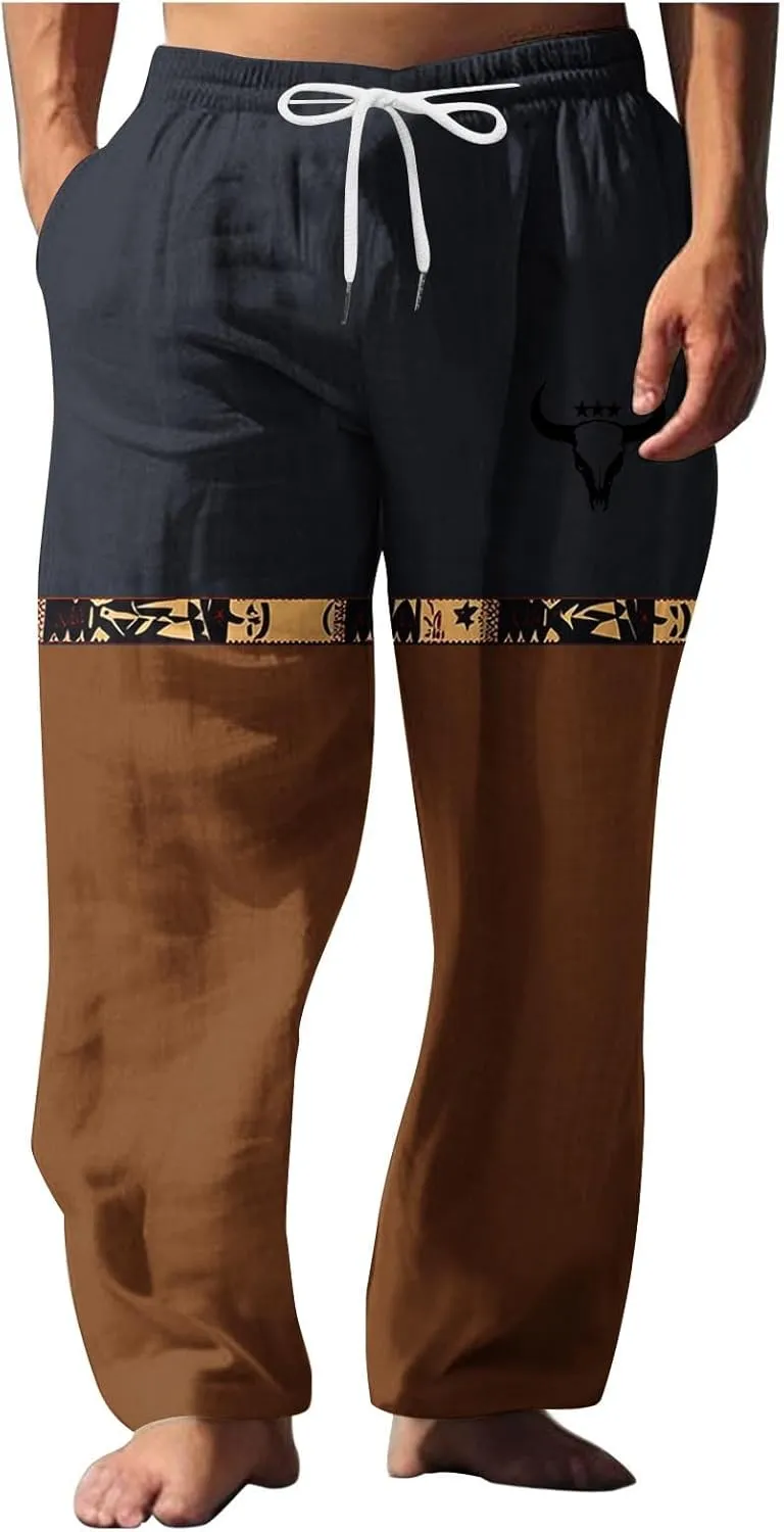 Muscularfit Linen Pant for Men Summer Casual Drawstring Elastic Waist Baggy Trouser with Pockets Ethnic Print Beach Sweatpant