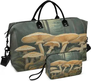 Mushroom Ferns Beige Sports Gym Bag for Women Men Travel Duffel Bag Weekend Overnight Carry on Bag with Toiletry Bag for Plane Hospital Swimming Yoga Workout