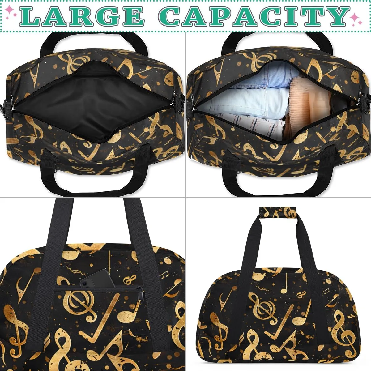 Music Musical Notes Pattern Boys Girls Gym Bag Dance Perform Training Duffel Bags Weekender Carry-On Tote Luggage Bag Ideal for School Practice or Overnight Trips