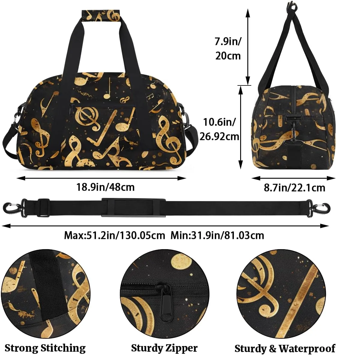 Music Musical Notes Pattern Boys Girls Gym Bag Dance Perform Training Duffel Bags Weekender Carry-On Tote Luggage Bag Ideal for School Practice or Overnight Trips