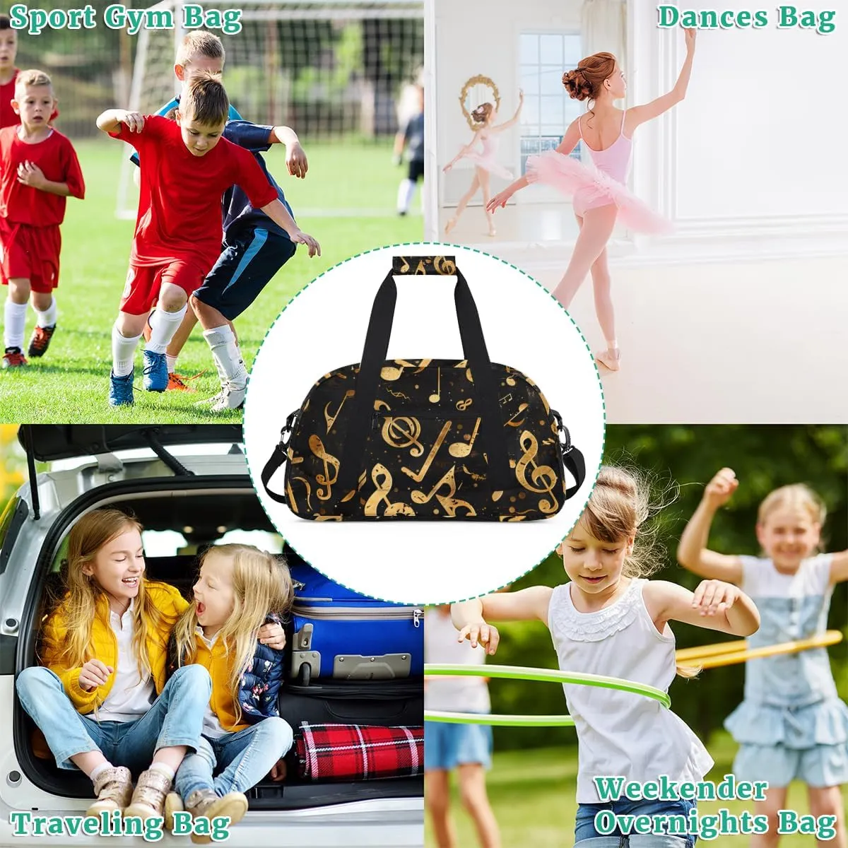 Music Musical Notes Pattern Boys Girls Gym Bag Dance Perform Training Duffel Bags Weekender Carry-On Tote Luggage Bag Ideal for School Practice or Overnight Trips