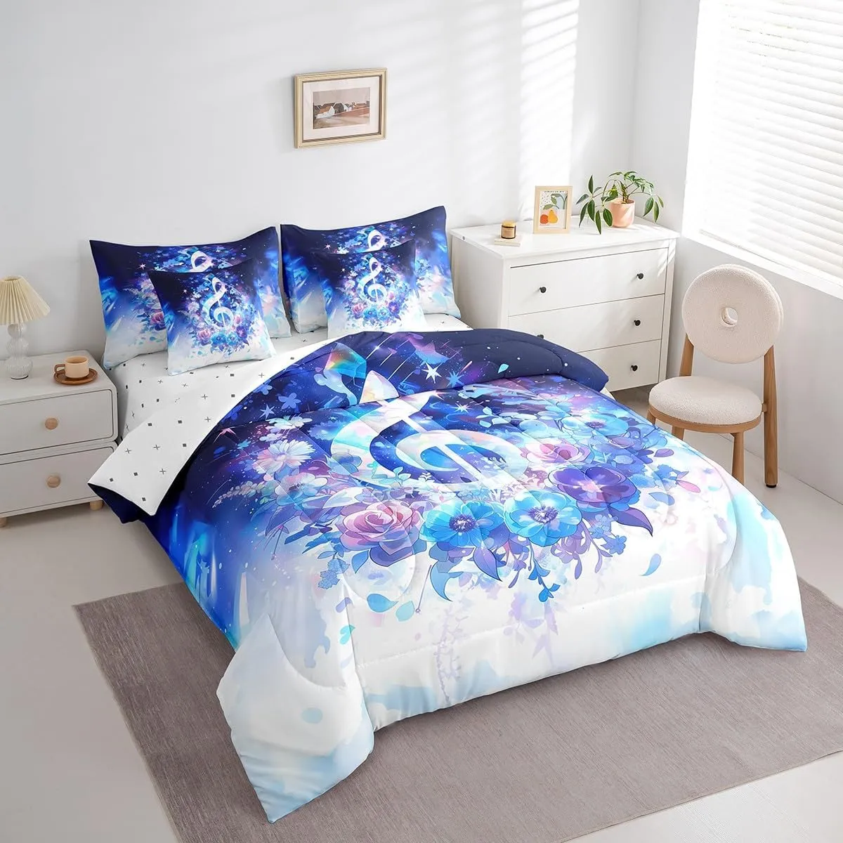Music Theme Full Comforter Set 7 Pieces Musical Notes Bedding Sets,Glowing Navy Flower Bed in a Bag Sparkling Stars Bed Sheets Set Rock Jazz Blue Music Bedding Accessories Kids Room Decorative