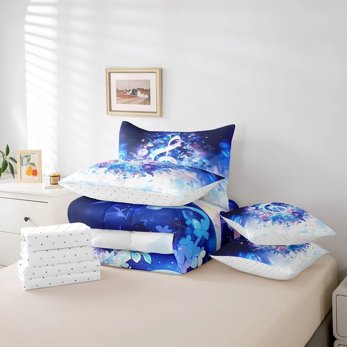 Music Theme Full Comforter Set 7 Pieces Musical Notes Bedding Sets,Glowing Navy Flower Bed in a Bag Sparkling Stars Bed Sheets Set Rock Jazz Blue Music Bedding Accessories Kids Room Decorative