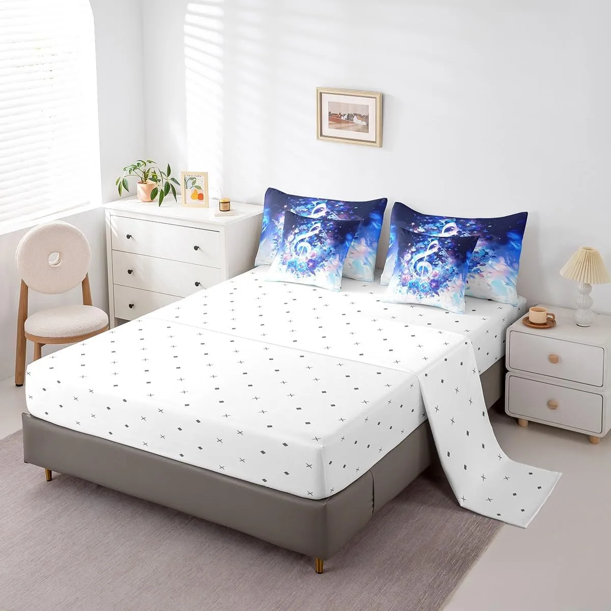 Music Theme Full Comforter Set 7 Pieces Musical Notes Bedding Sets,Glowing Navy Flower Bed in a Bag Sparkling Stars Bed Sheets Set Rock Jazz Blue Music Bedding Accessories Kids Room Decorative