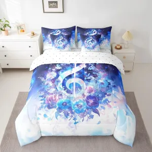Music Theme Full Comforter Set 7 Pieces Musical Notes Bedding Sets,Glowing Navy Flower Bed in a Bag Sparkling Stars Bed Sheets Set Rock Jazz Blue Music Bedding Accessories Kids Room Decorative