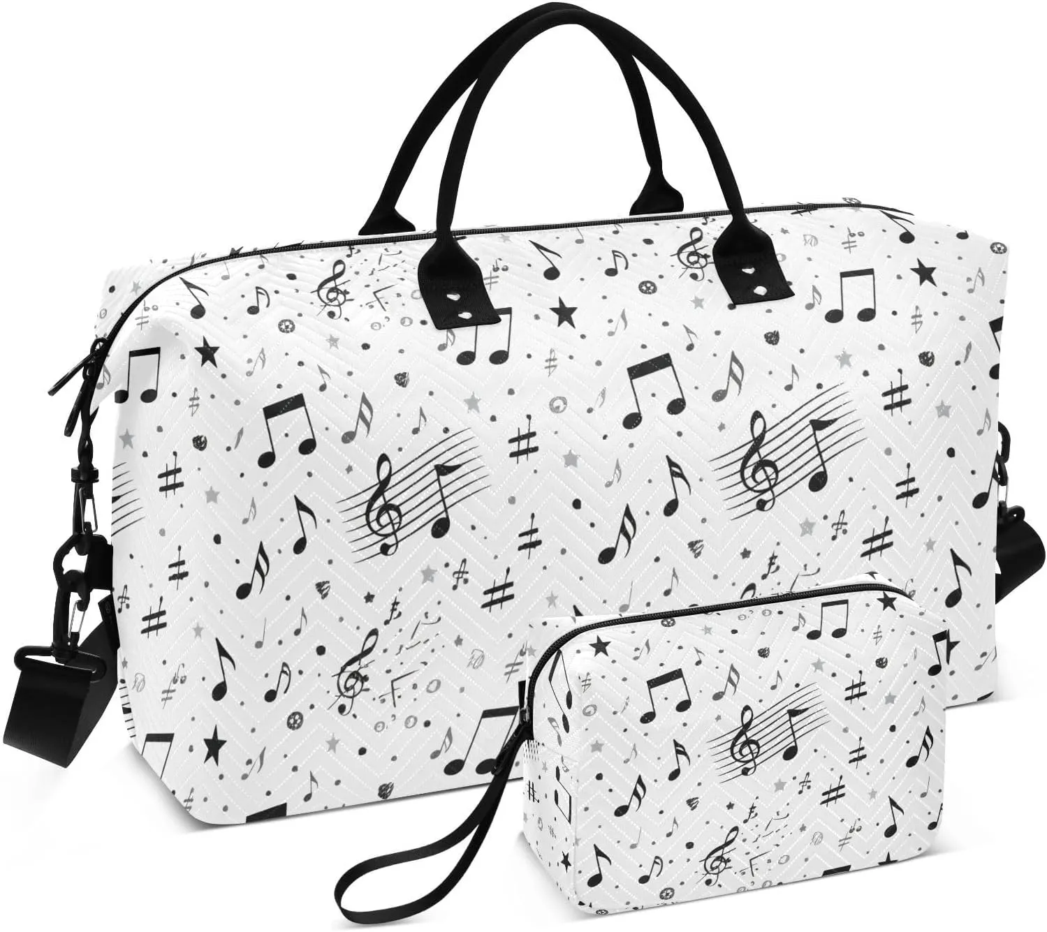 Musical Note Star White Sports Gym Bag for Women Men Travel Duffel Bag Weekend Overnight Carry on Bag with Toiletry Bag for Plane Swimming Yoga