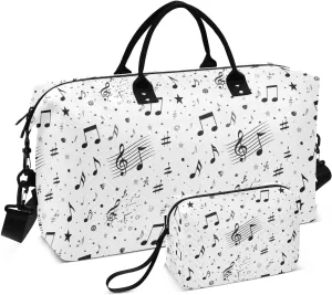 Musical Note Star White Sports Gym Bag for Women Men Travel Duffel Bag Weekend Overnight Carry on Bag with Toiletry Bag for Plane Swimming Yoga