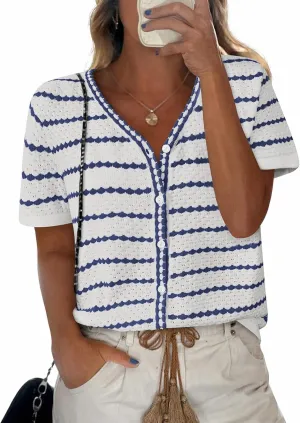 NALANISA Women's Short Sleeve Sweater Spring Summer Crochet Knit Tops 2025 V Neck Striped Button Down Dressy Casual Blouses