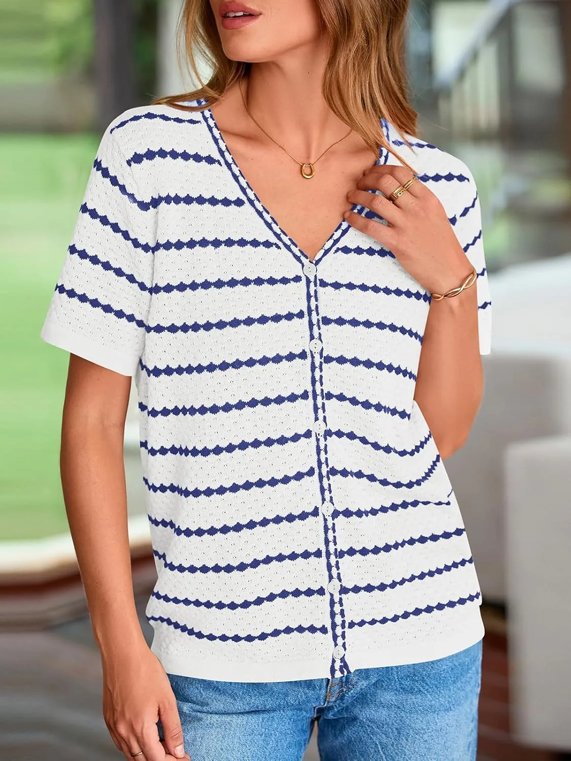 NALANISA Women's Short Sleeve Sweater Spring Summer Crochet Knit Tops 2025 V Neck Striped Button Down Dressy Casual Blouses