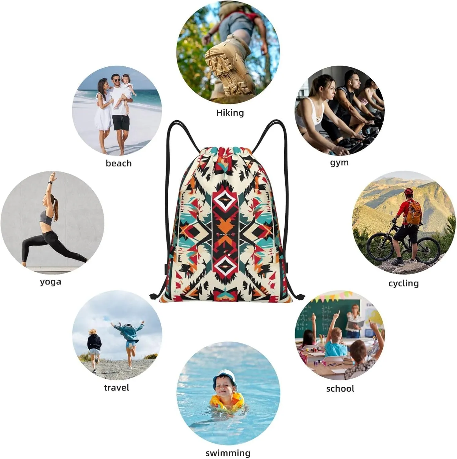 Native American Pattern Print Drawstring Backpack,Foldable Gym Sack For Sports,Travel,Yoga,Hiking,Adjustable