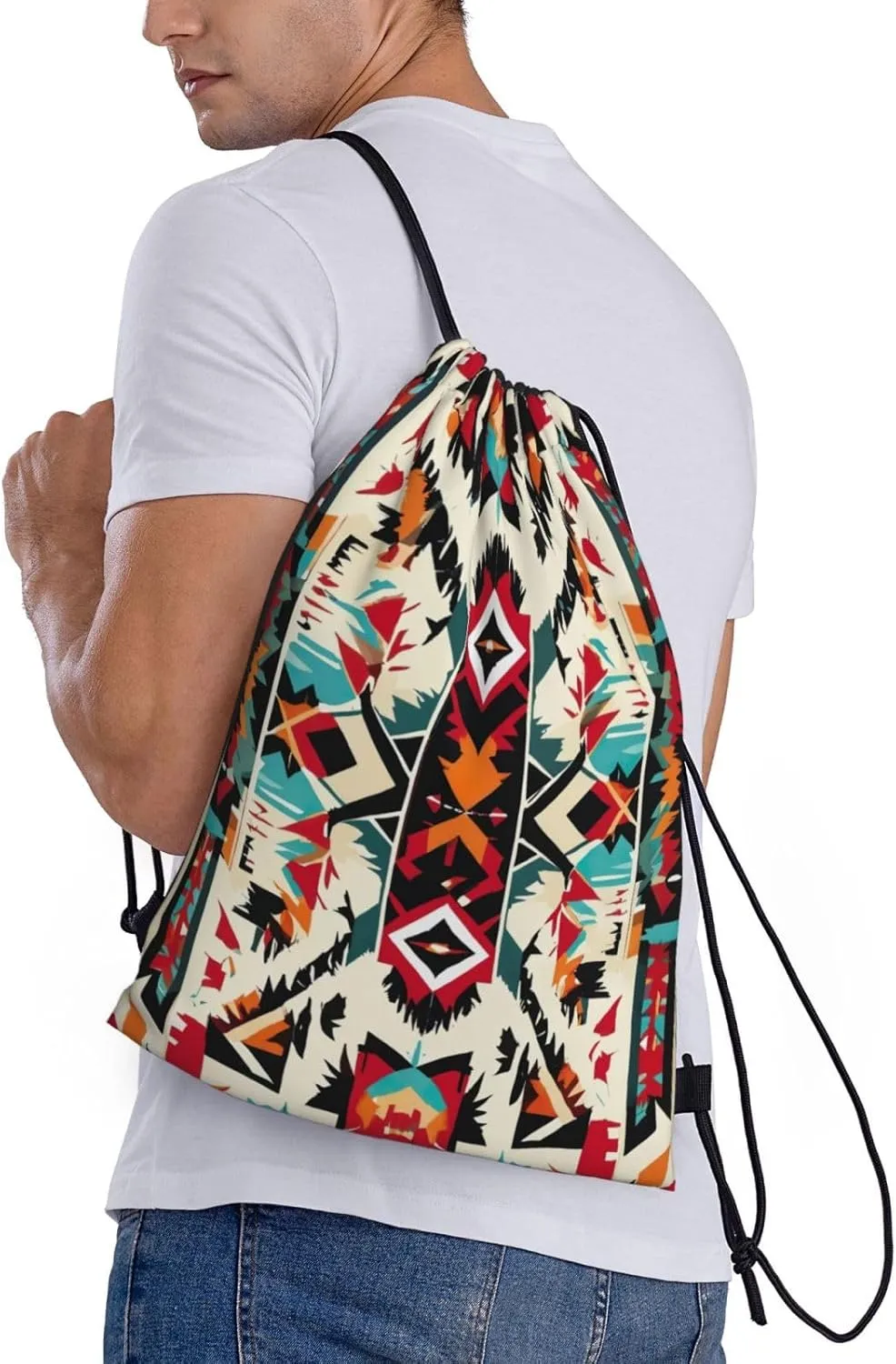 Native American Pattern Print Drawstring Backpack,Foldable Gym Sack For Sports,Travel,Yoga,Hiking,Adjustable