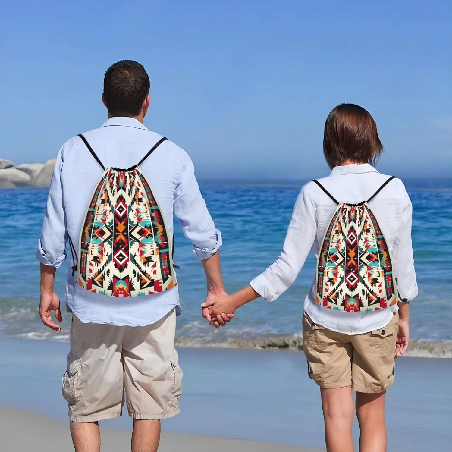 Native American Pattern Print Drawstring Backpack,Foldable Gym Sack For Sports,Travel,Yoga,Hiking,Adjustable