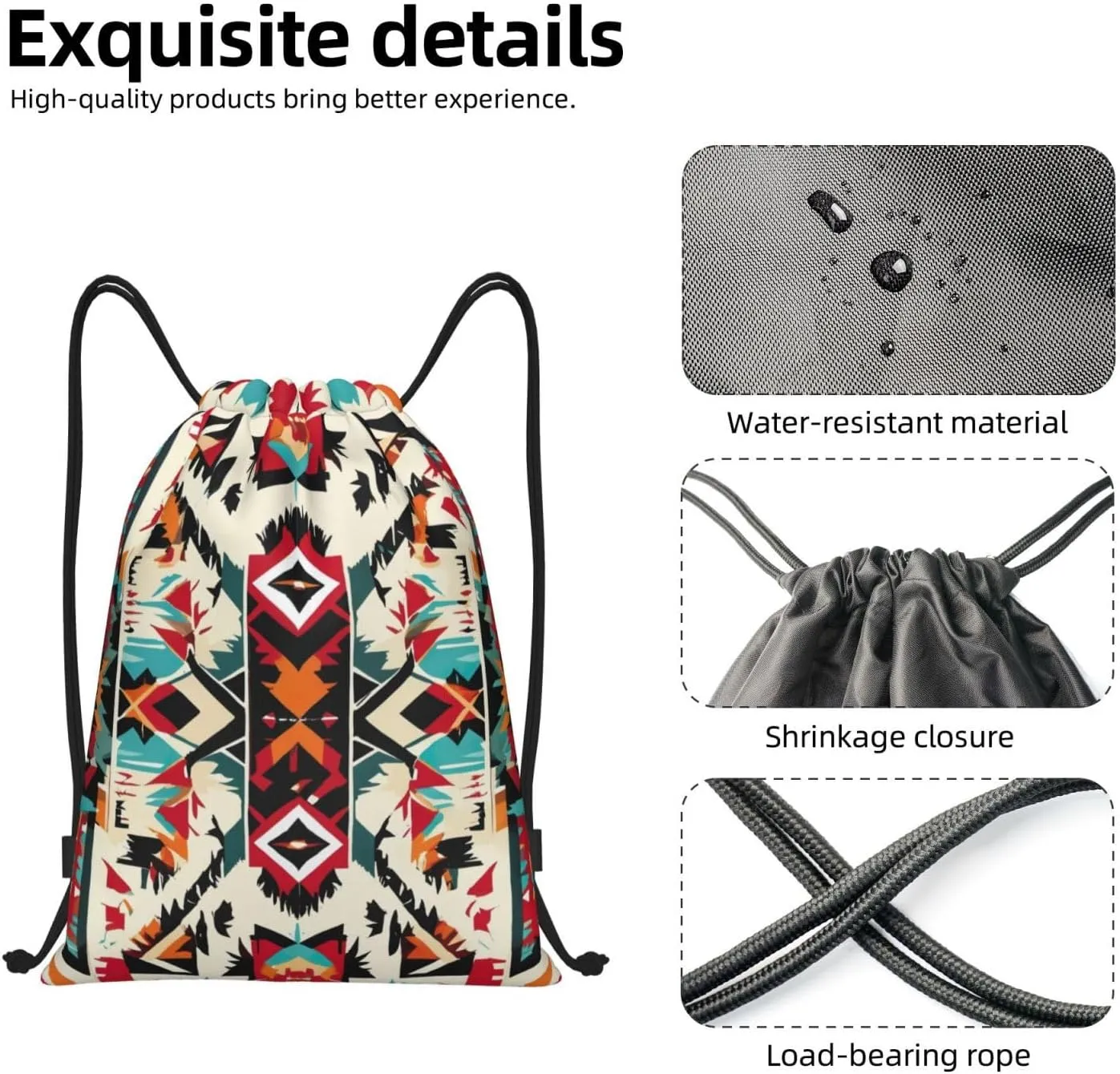 Native American Pattern Print Drawstring Backpack,Foldable Gym Sack For Sports,Travel,Yoga,Hiking,Adjustable