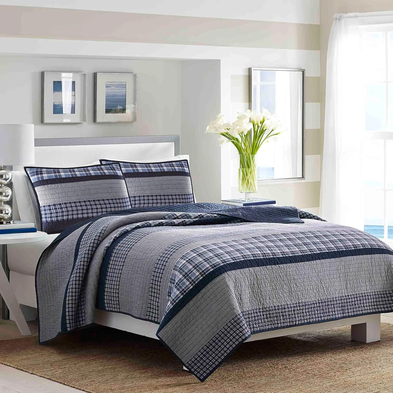 Nautica - Queen Quilt, Cotton Reversible Bedding, Bedding Set for All Seasons (Adelson Blue, Queen)