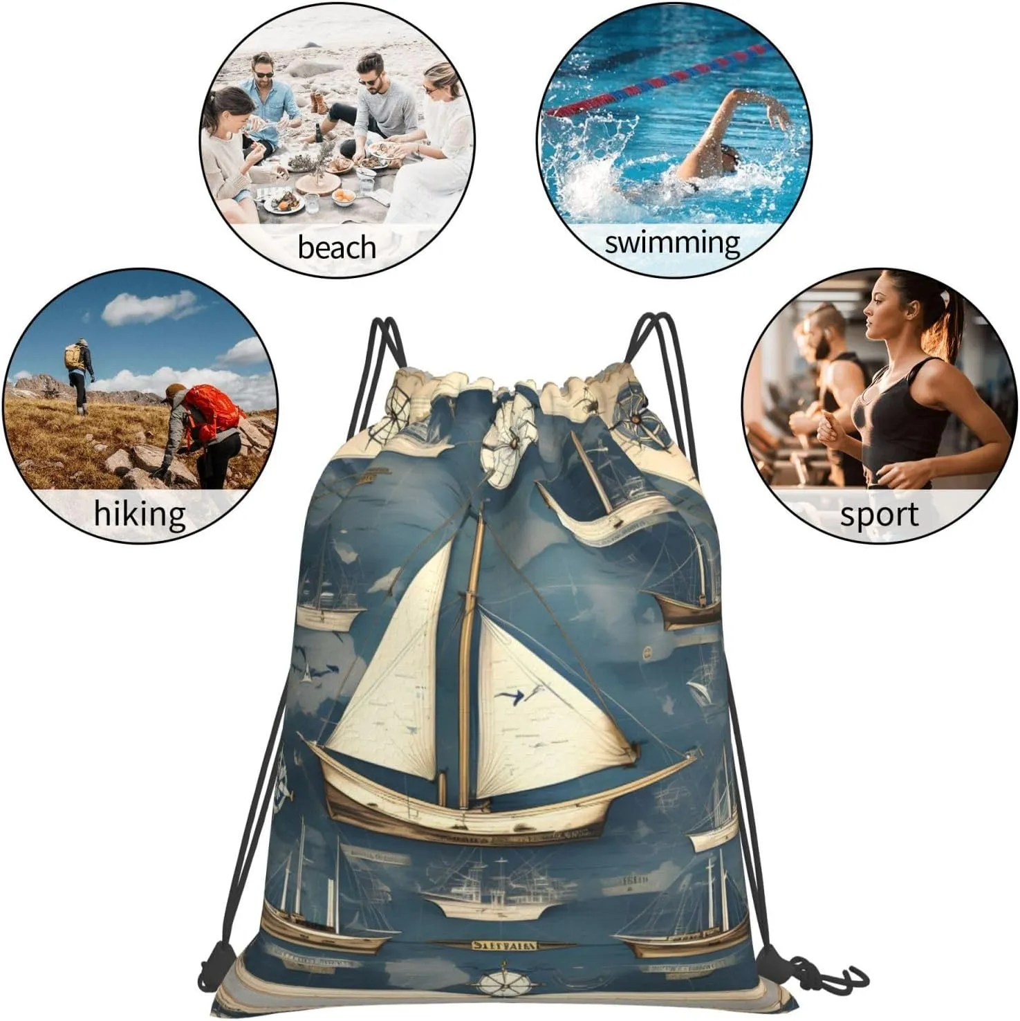 Nautical Sailboat Map Print Sports Drawstring Backpack,Water Resistant Bag, Gym Backpack for Women Men