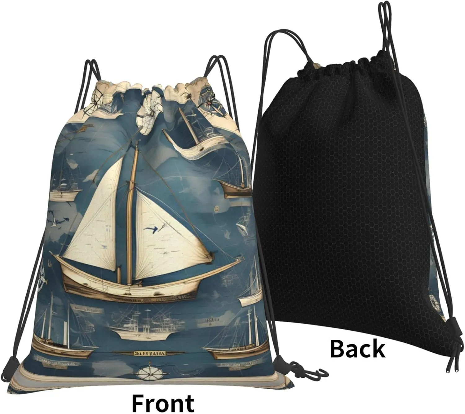 Nautical Sailboat Map Print Sports Drawstring Backpack,Water Resistant Bag, Gym Backpack for Women Men