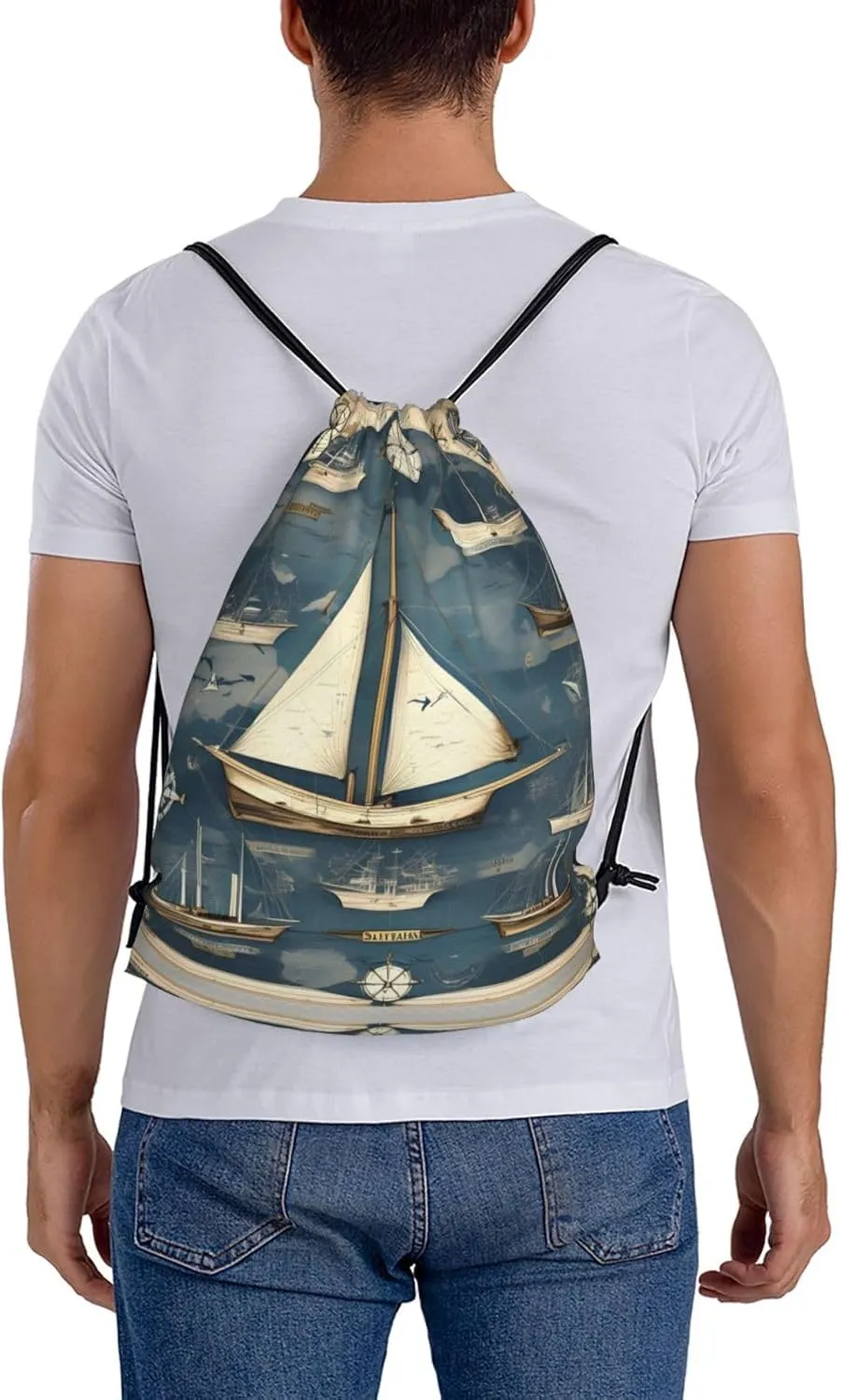 Nautical Sailboat Map Print Sports Drawstring Backpack,Water Resistant Bag, Gym Backpack for Women Men