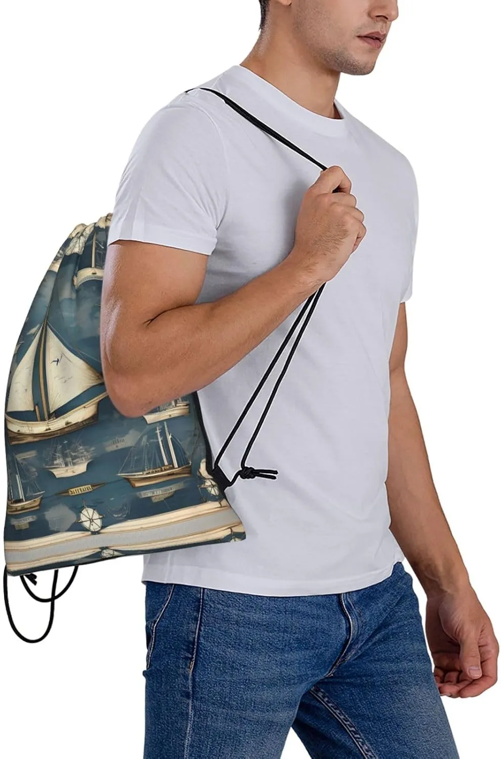 Nautical Sailboat Map Print Sports Drawstring Backpack,Water Resistant Bag, Gym Backpack for Women Men