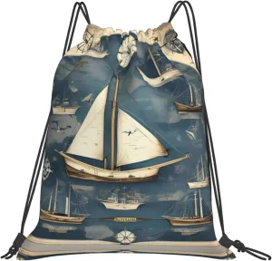 Nautical Sailboat Map Print Sports Drawstring Backpack,Water Resistant Bag, Gym Backpack for Women Men