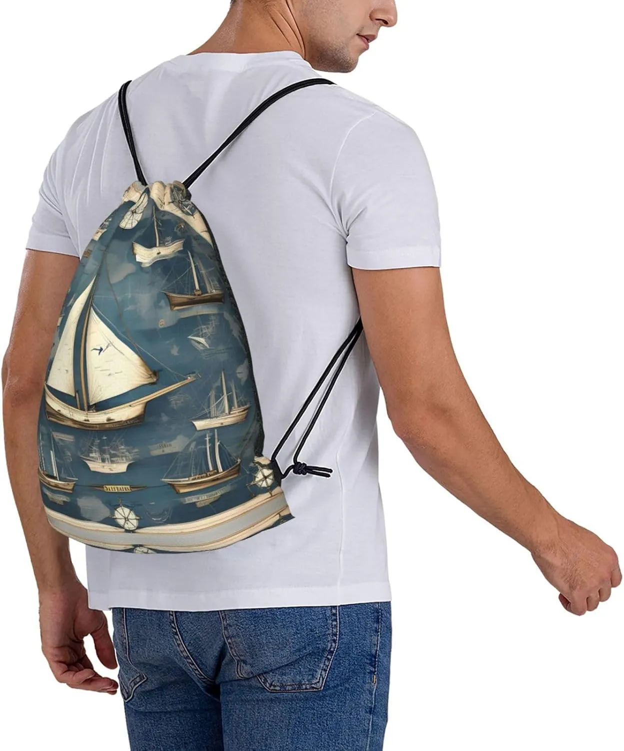 Nautical Sailboat Map Print Sports Drawstring Backpack,Water Resistant Bag, Gym Backpack for Women Men