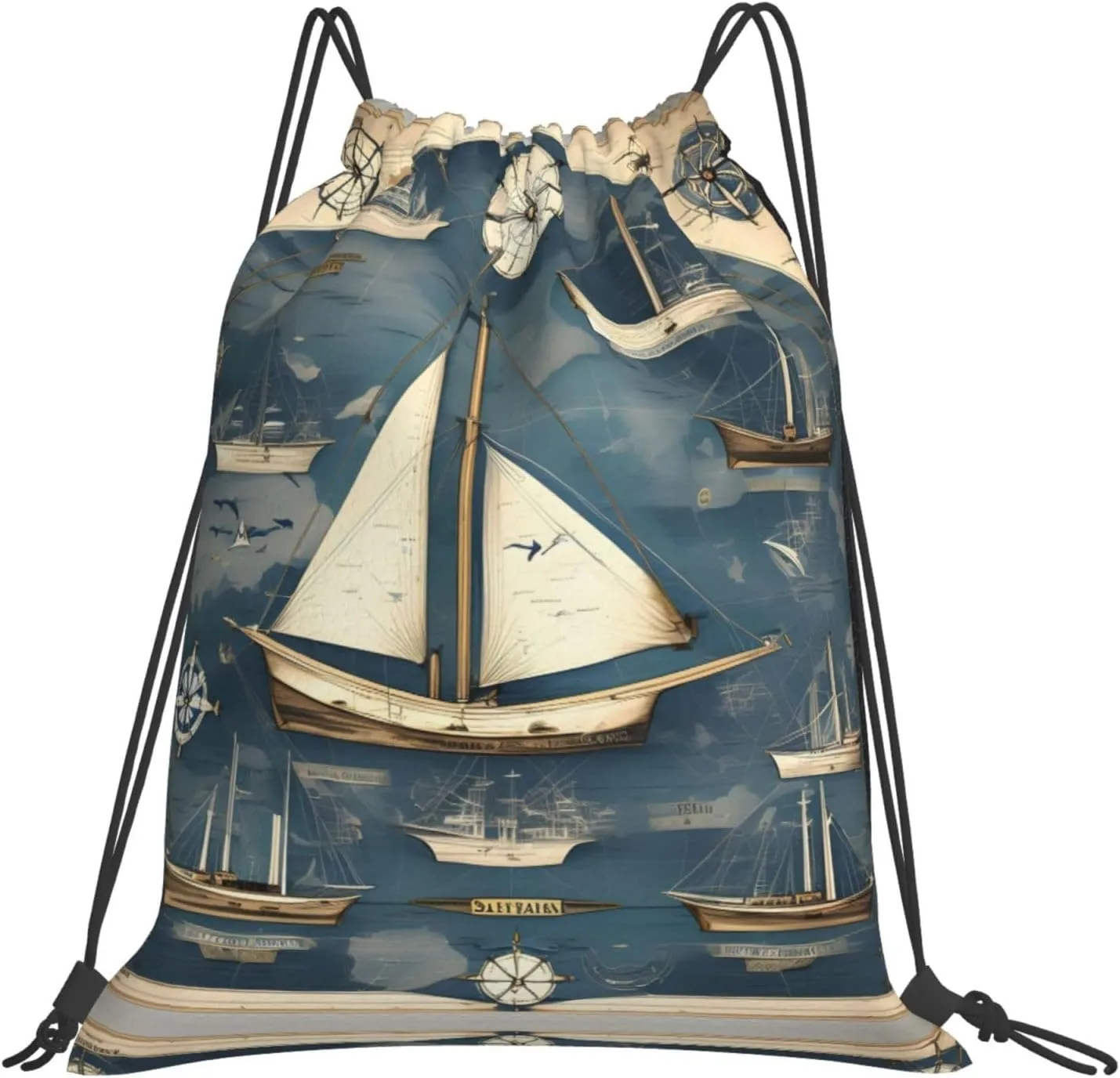 Nautical Sailboat Map Print Sports Drawstring Backpack,Water Resistant Bag, Gym Backpack for Women Men