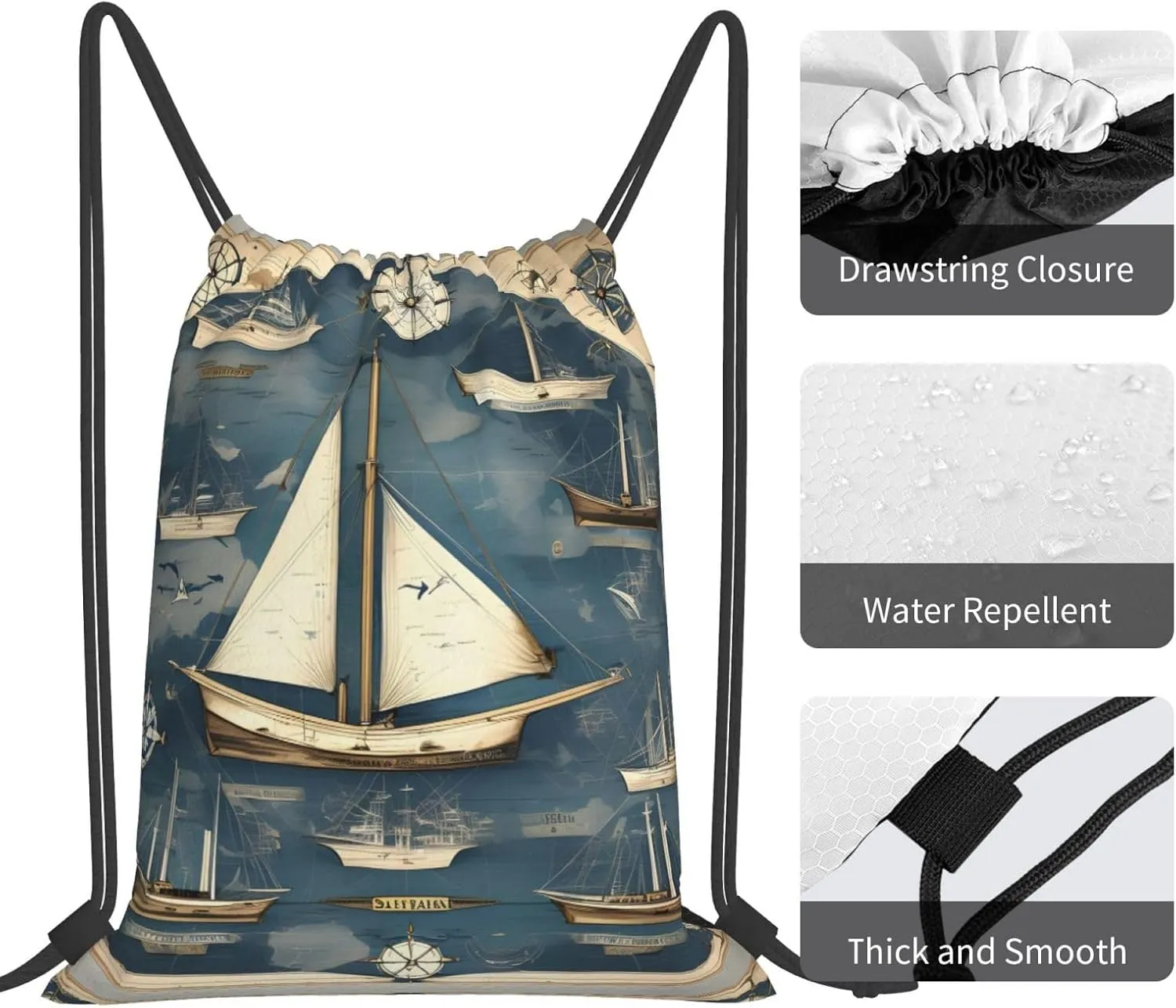 Nautical Sailboat Map Print Sports Drawstring Backpack,Water Resistant Bag, Gym Backpack for Women Men