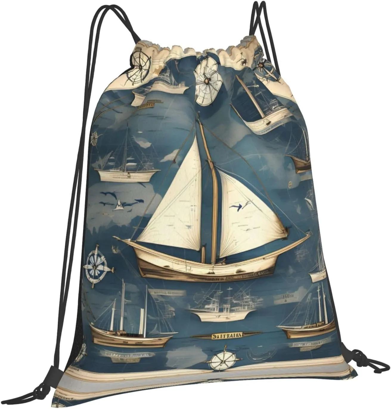 Nautical Sailboat Map Print Sports Drawstring Backpack,Water Resistant Bag, Gym Backpack for Women Men