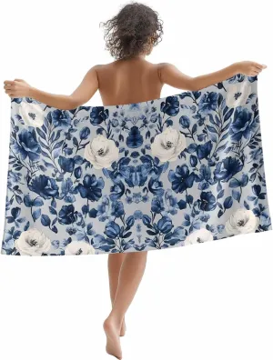 Navy Blue White Peony Microfiber Sandproof Beach Towel for Pool Swimming, Vintage Floral Blossom Quick Dry Absorbent Soft Towels for Bath Camping Travel, Lightweight Breathable 30"x60"