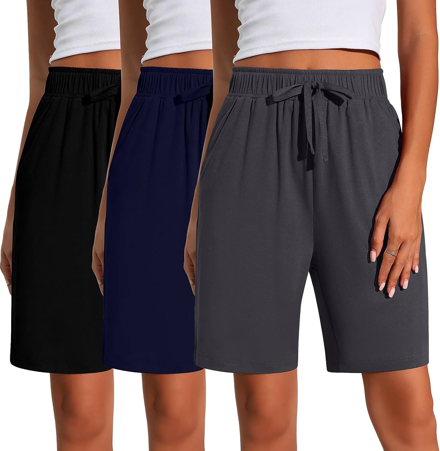 Neer 3 Pack Women's Quick Dry Shorts Women Drawstring High Waisted Bermuda Athletic Shorts with Pockets