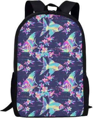 Neon Fantasy Fish A Print Trendy Pixel Print 17 Inch School Backpack，for Laptops Notebooks & Daily Essentials，for Teenager Girls Boys