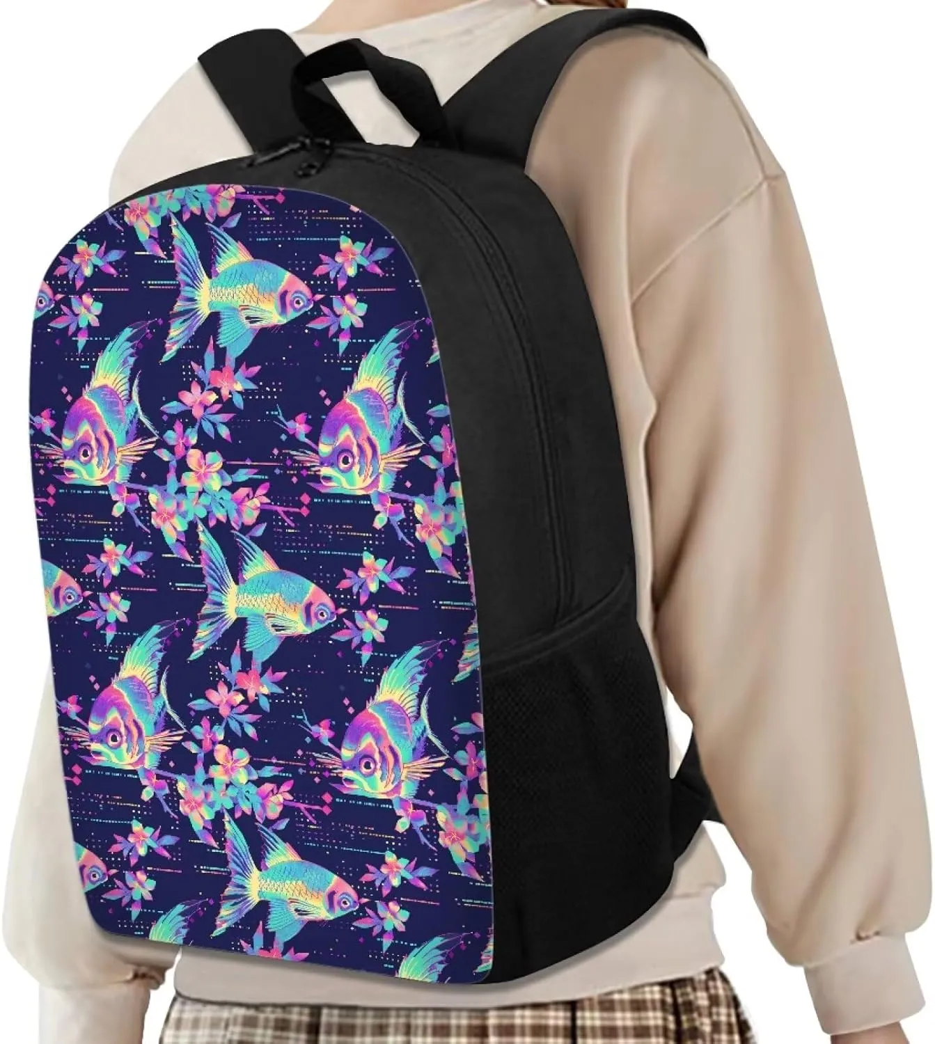 Neon Fantasy Fish A Print Trendy Pixel Print 17 Inch School Backpack，for Laptops Notebooks & Daily Essentials，for Teenager Girls Boys