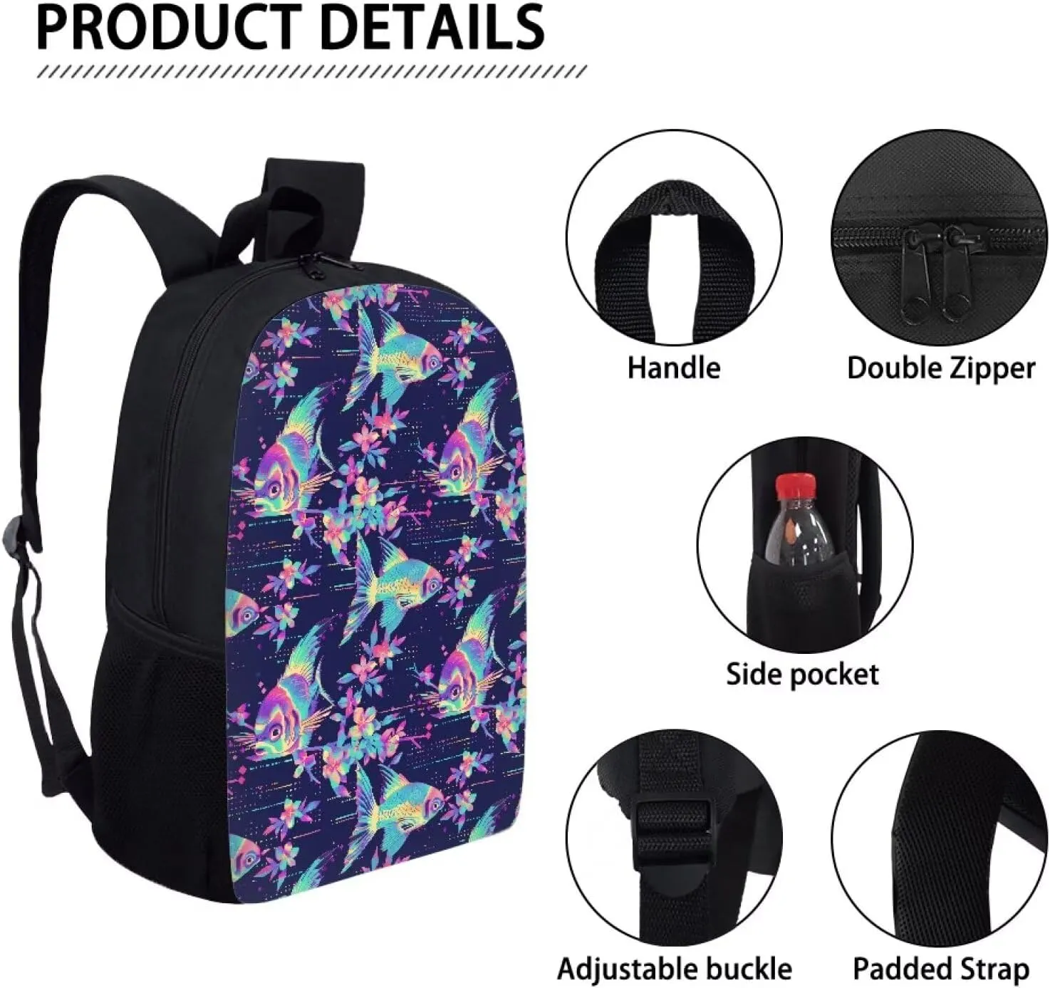 Neon Fantasy Fish A Print Trendy Pixel Print 17 Inch School Backpack，for Laptops Notebooks & Daily Essentials，for Teenager Girls Boys