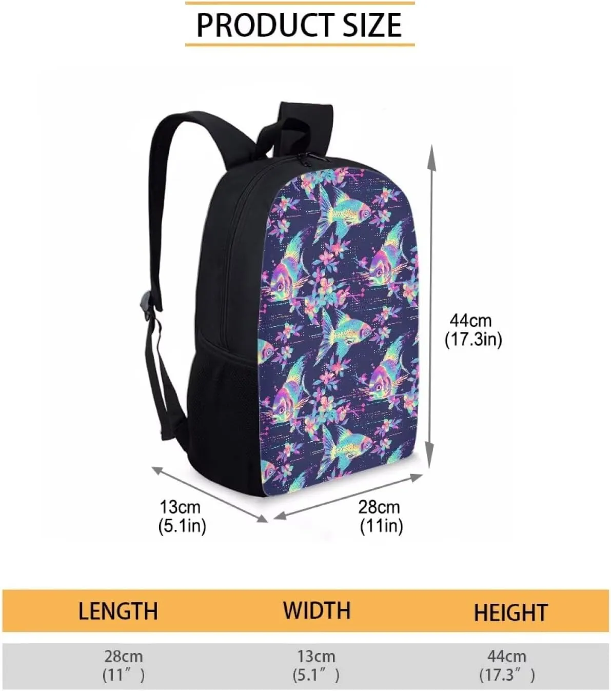 Neon Fantasy Fish A Print Trendy Pixel Print 17 Inch School Backpack，for Laptops Notebooks & Daily Essentials，for Teenager Girls Boys
