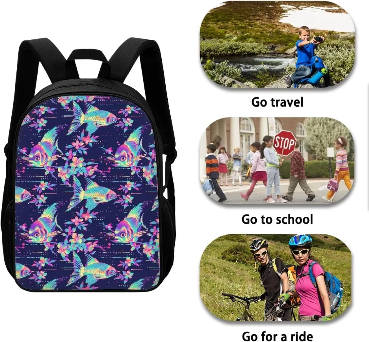 Neon Fantasy Fish A Print Trendy Pixel Print 17 Inch School Backpack，for Laptops Notebooks & Daily Essentials，for Teenager Girls Boys