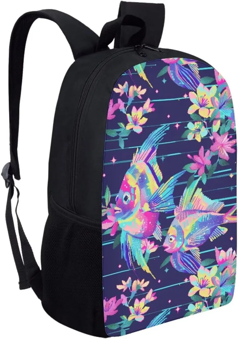 Neon Fantasy Fish C Print Vibrant Animal Pattern Student Backpack 17 Inch Bag for Teens，Perfect for Sports & Campus Life