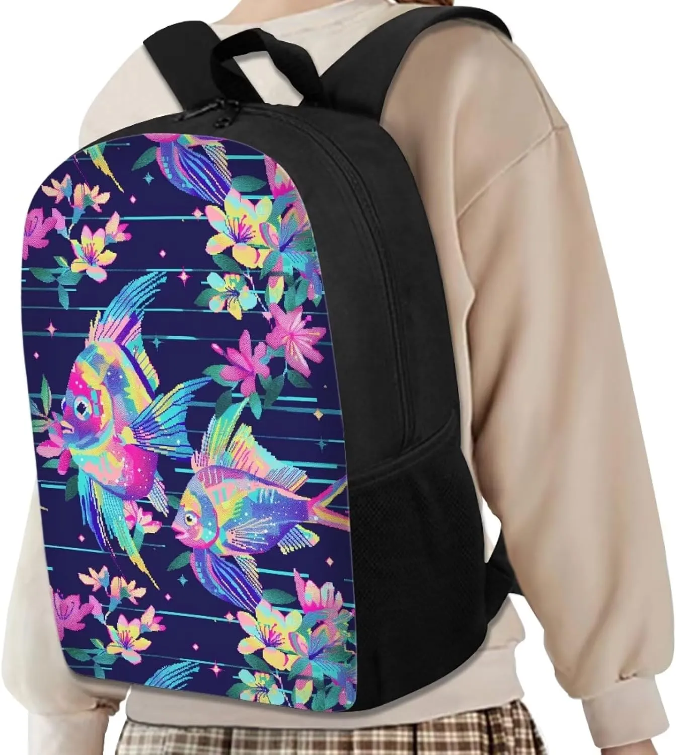 Neon Fantasy Fish C Print Vibrant Animal Pattern Student Backpack 17 Inch Bag for Teens，Perfect for Sports & Campus Life
