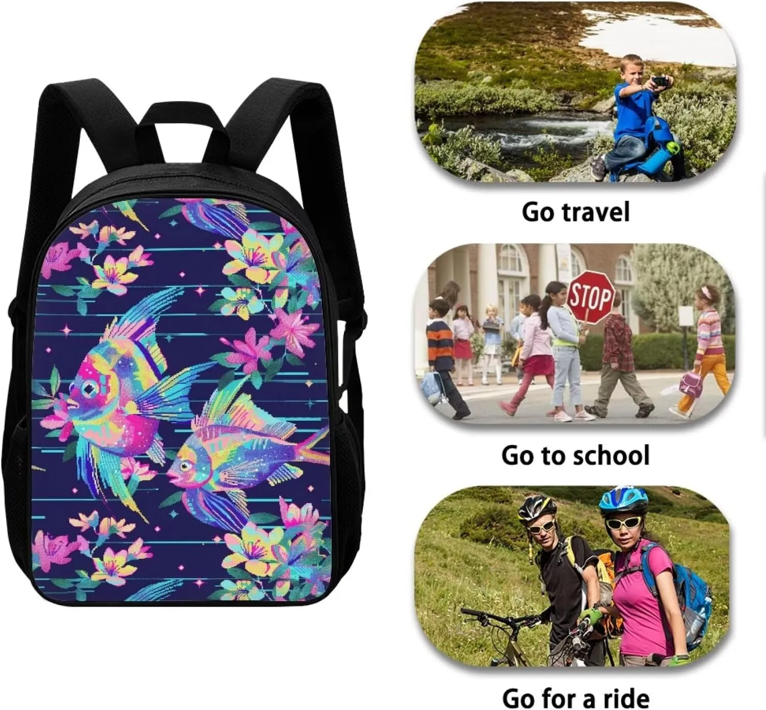 Neon Fantasy Fish C Print Vibrant Animal Pattern Student Backpack 17 Inch Bag for Teens，Perfect for Sports & Campus Life