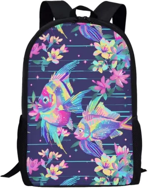 Neon Fantasy Fish C Print Vibrant Animal Pattern Student Backpack 17 Inch Bag for Teens，Perfect for Sports & Campus Life