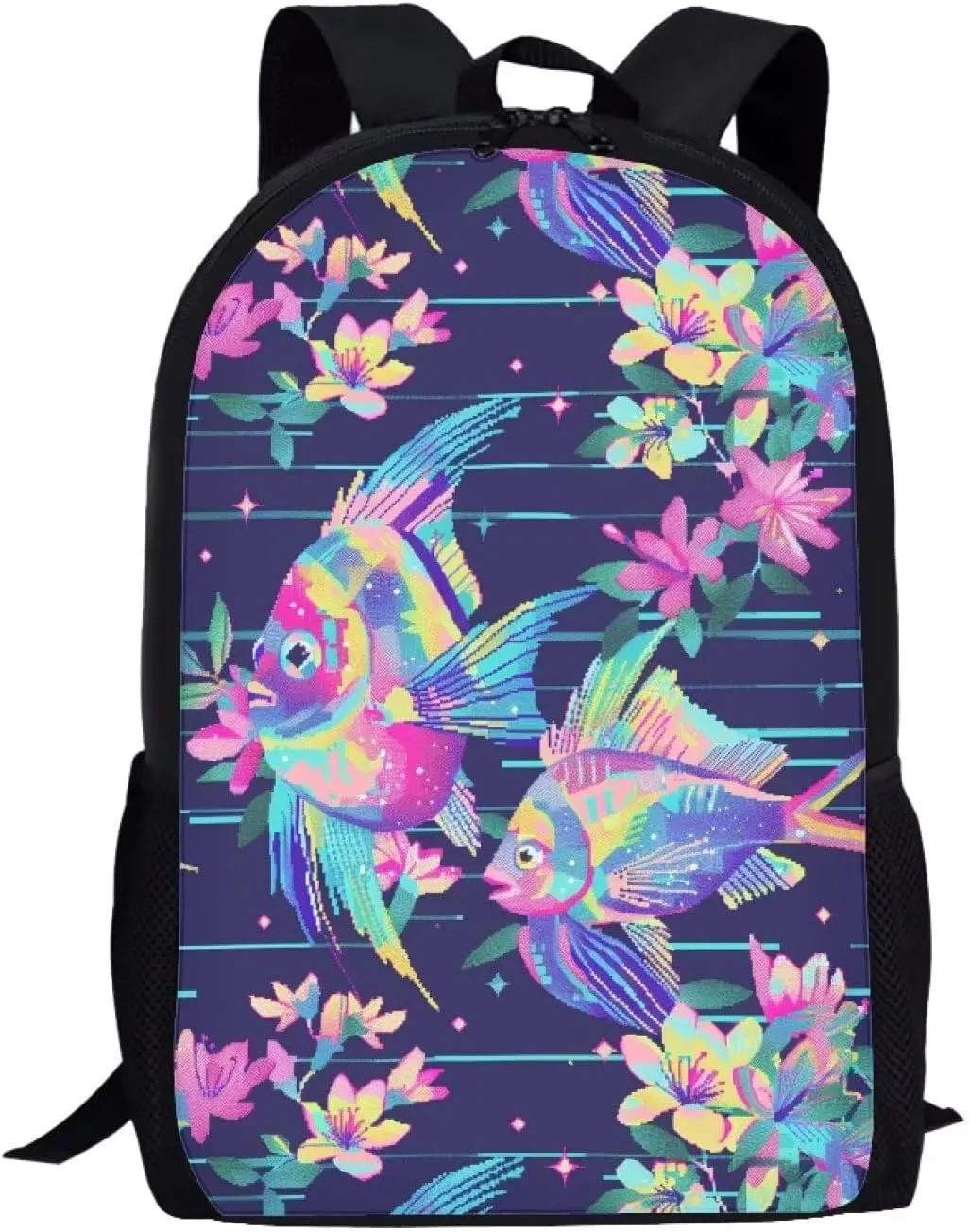 Neon Fantasy Fish C Print Vibrant Animal Pattern Student Backpack 17 Inch Bag for Teens，Perfect for Sports & Campus Life