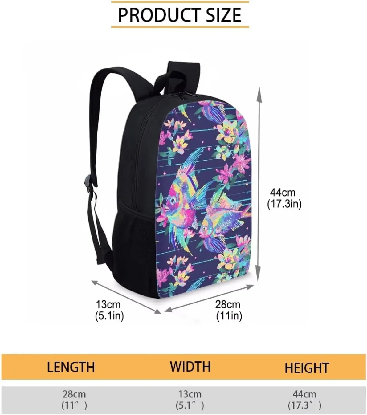 Neon Fantasy Fish C Print Vibrant Animal Pattern Student Backpack 17 Inch Bag for Teens，Perfect for Sports & Campus Life