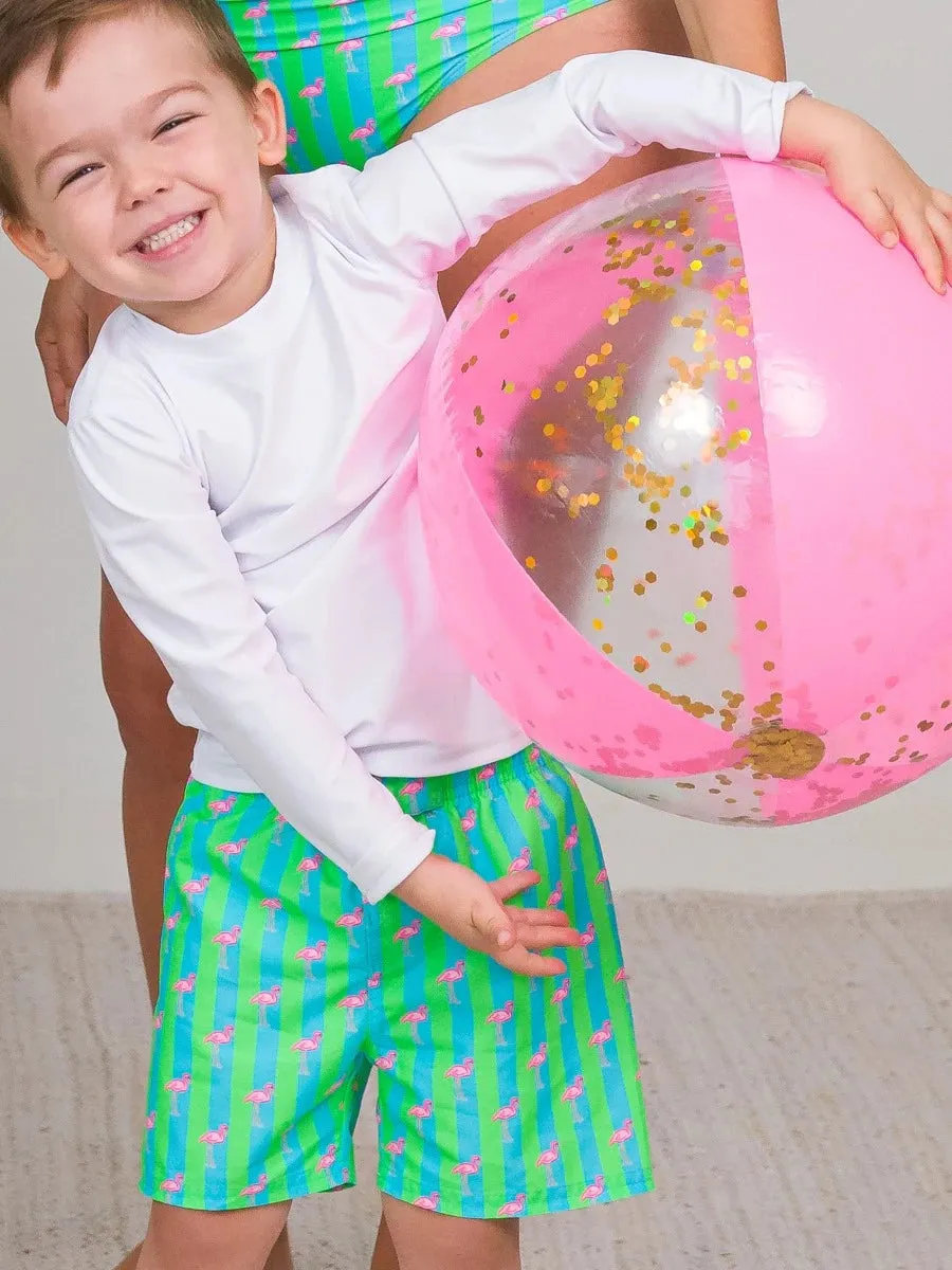 Neon Flamingo Striped Boy's Swim Trunks