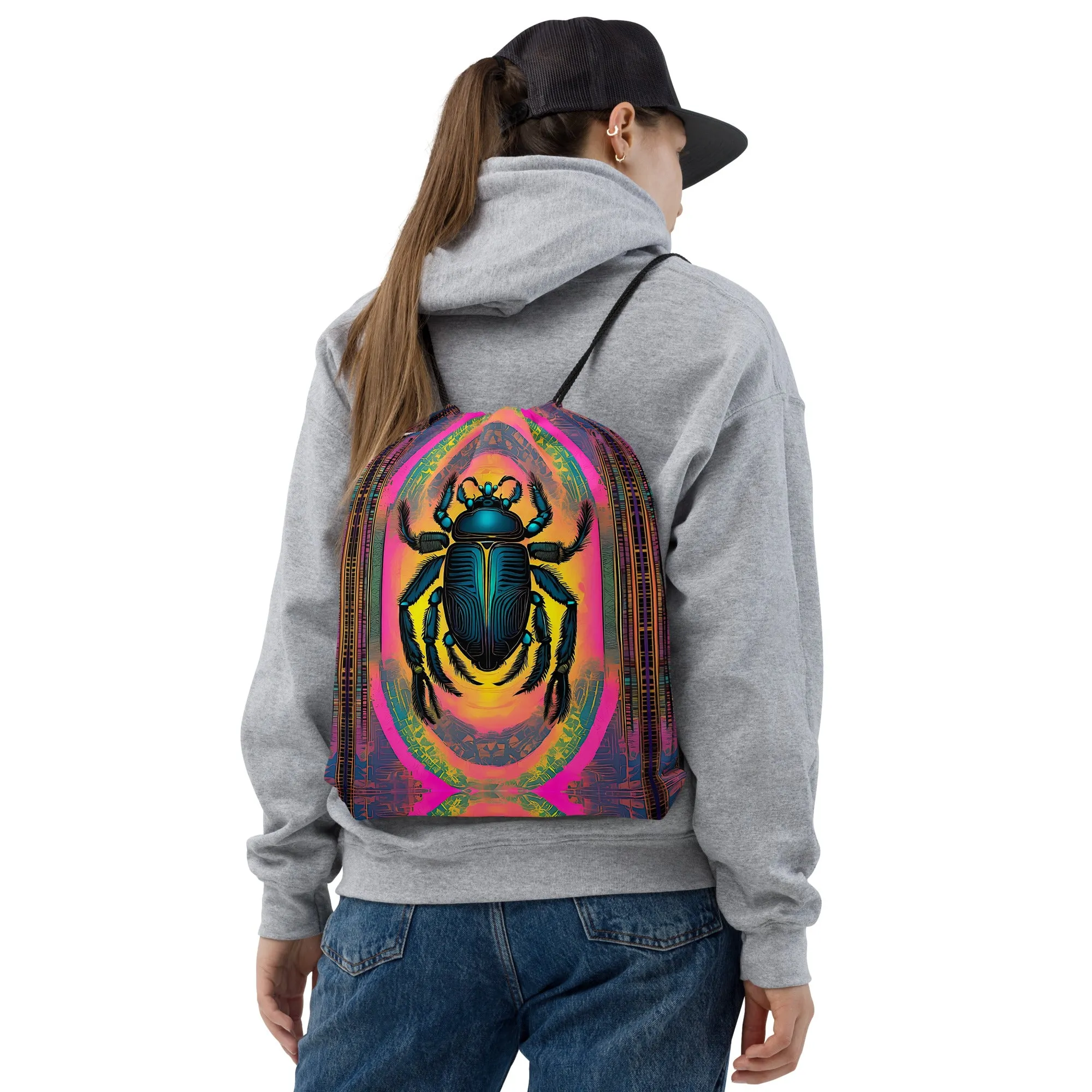 Neon Scarab Beetle Drawstring Bag