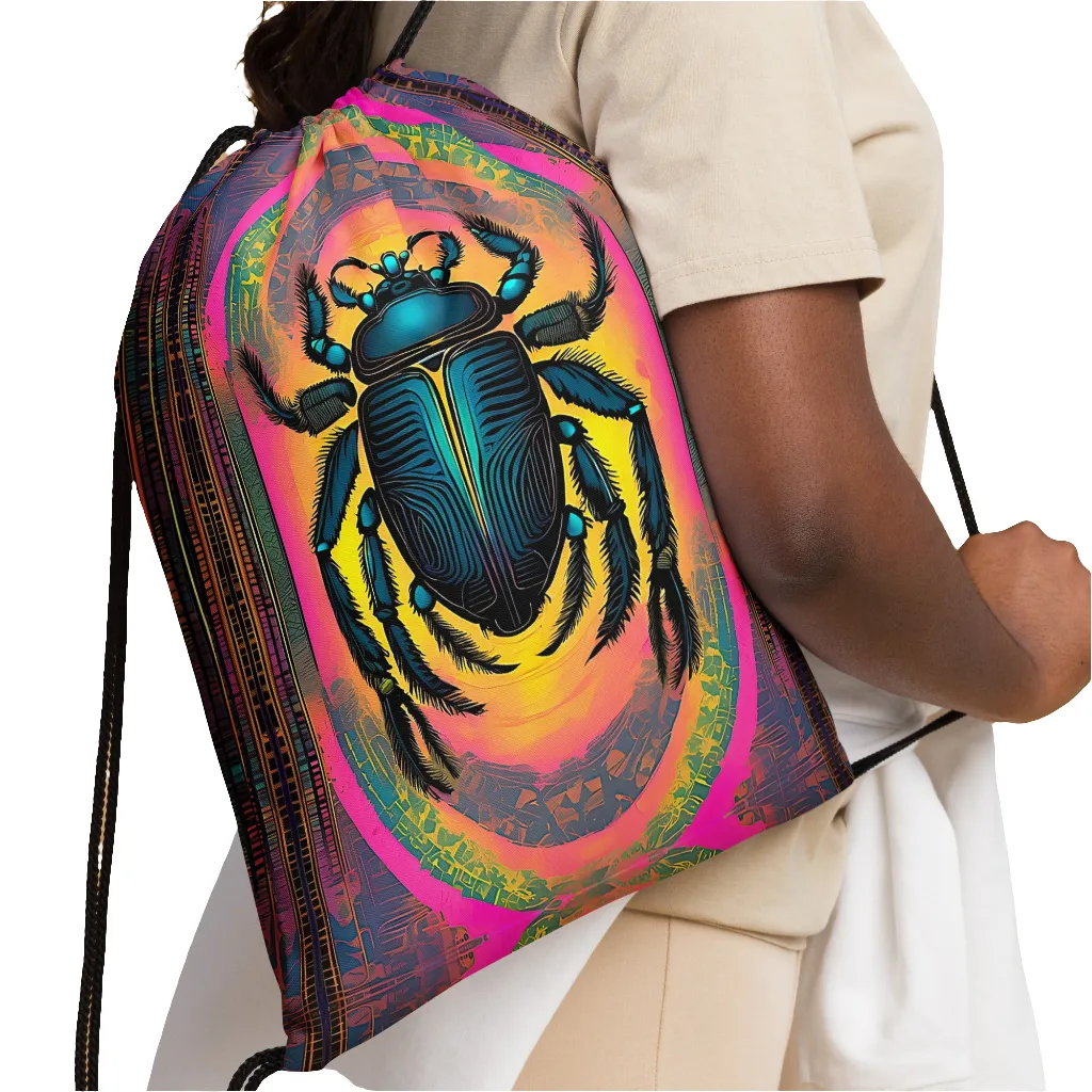 Neon Scarab Beetle Drawstring Bag