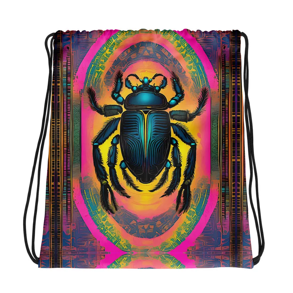 Neon Scarab Beetle Drawstring Bag