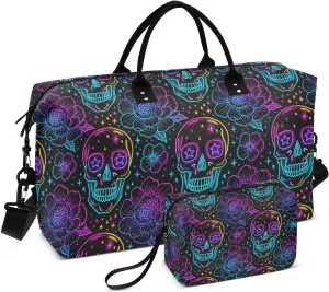 Neon Skull Flowers Dark Sports Gym Bag for Women Men Travel Duffel Bag Weekend Overnight Carry on Bag with Toiletry Bag Workout Dance Bag for Yoga Workout Swimming Hospital Plane