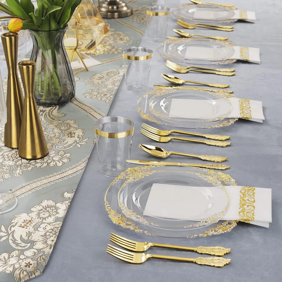 Nervure 175PCS Clear Gold Plastic Plates - Gold Disposable Dinnerware Set for 25 Guests Include 50 Disposable Plates, 75 Plastic Silverware, 25 Cups, 25 Napkins for Christmas & Party