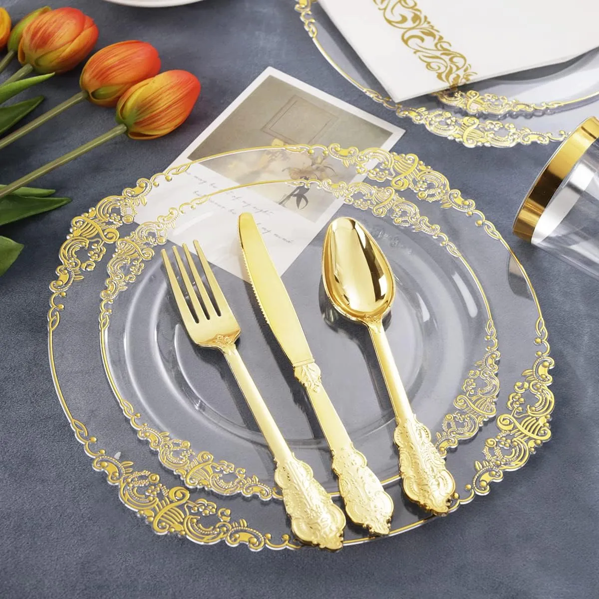 Nervure 175PCS Clear Gold Plastic Plates - Gold Disposable Dinnerware Set for 25 Guests Include 50 Disposable Plates, 75 Plastic Silverware, 25 Cups, 25 Napkins for Christmas & Party