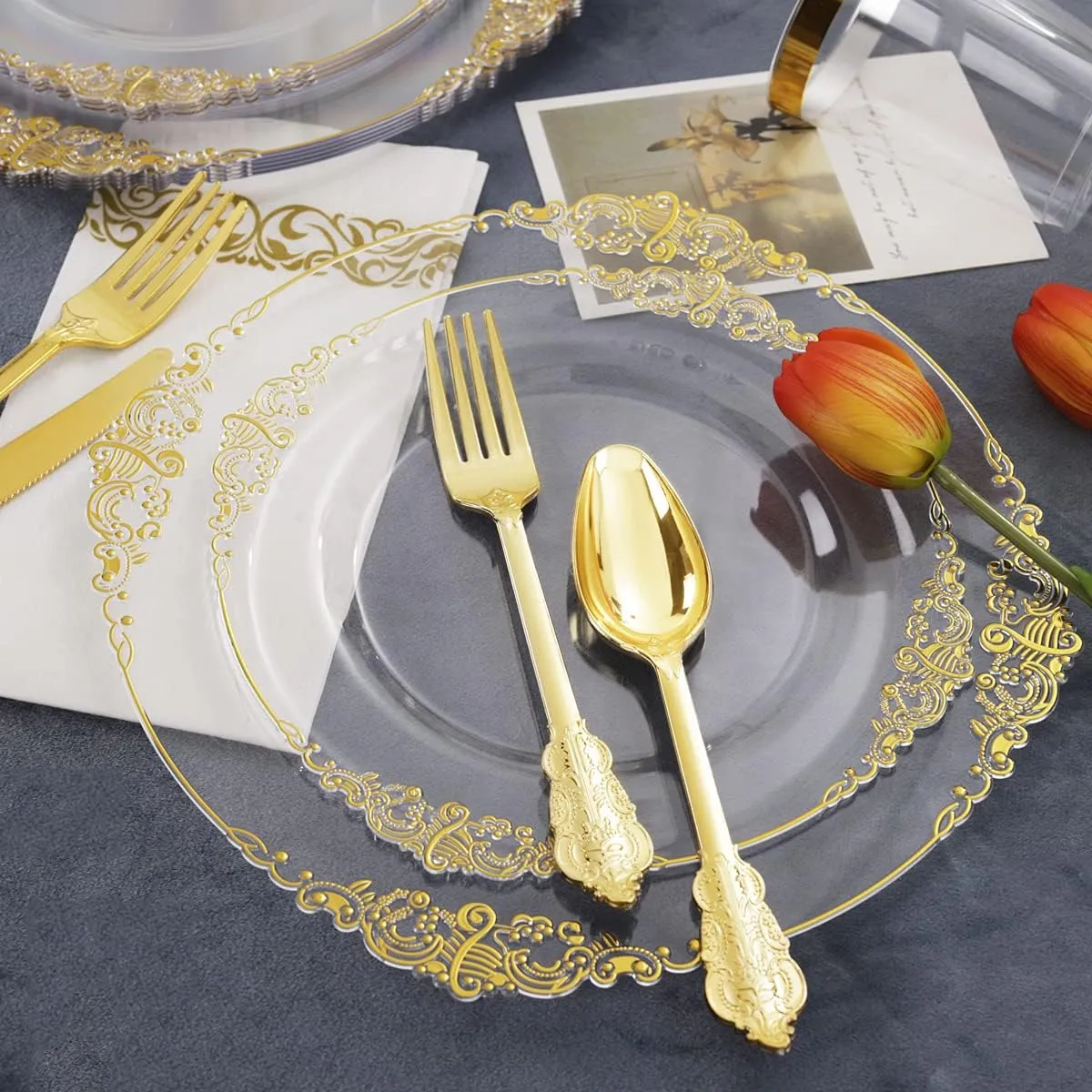 Nervure 175PCS Clear Gold Plastic Plates - Gold Disposable Dinnerware Set for 25 Guests Include 50 Disposable Plates, 75 Plastic Silverware, 25 Cups, 25 Napkins for Christmas & Party